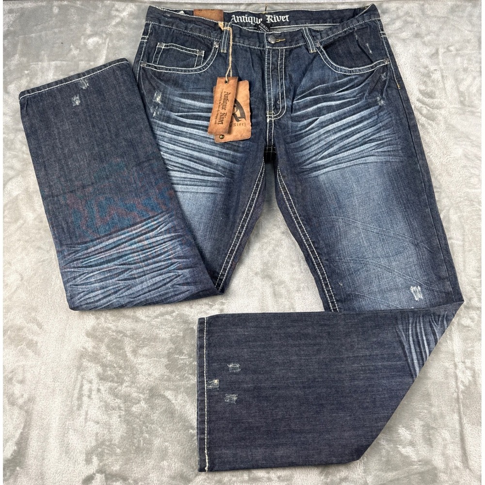 Antique Rivet Mens Fashion Slim Straight Jeans 40x32 Dark Wash Heavy Stitch NWT